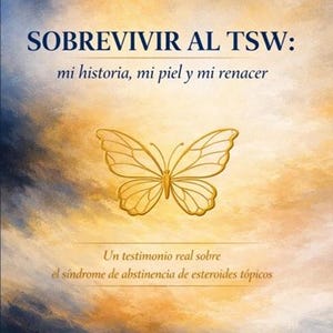Może przedstawiać: Okładka książki z tytułem "SOBREVIVIR AL TSW: mi historia, mi piel y mi renacer" w niebieskim i białym tekście. Złoty motyl jest wyśrodkowany na żółto-niebieskim tle. Nazwisko autora, Yunuet Martinez, znajduje się na dole.