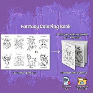 May include: A purple background with a "Fantasy Coloring Book" title. The image shows a flat page template with fantasy creatures and a finished mini booklet. Text includes "1 PAGE. NO GLUE. NO SEWING. PDF + PNG FILES".