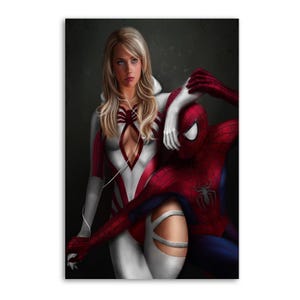 May include: A digital art print featuring a blonde character in a white and red suit with a spider emblem and white wired headphones, standing beside a red and blue costumed character with a spider emblem on the chest against a dark background.