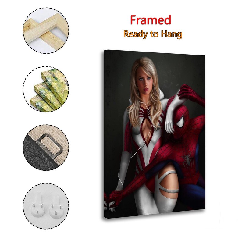 May include: A framed canvas print featuring a blonde character in a white and red suit standing beside a red and blue costumed character with a spider emblem. The text reads Framed Ready to Hang. Includes wooden frame, canvas texture, and hanging hardware.