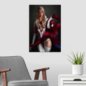 May include: A digital art print featuring a blonde character in a white and red suit with a hood, standing beside a red and blue costumed character with a spider emblem on the chest. Both figures are depicted against a dark, textured background.