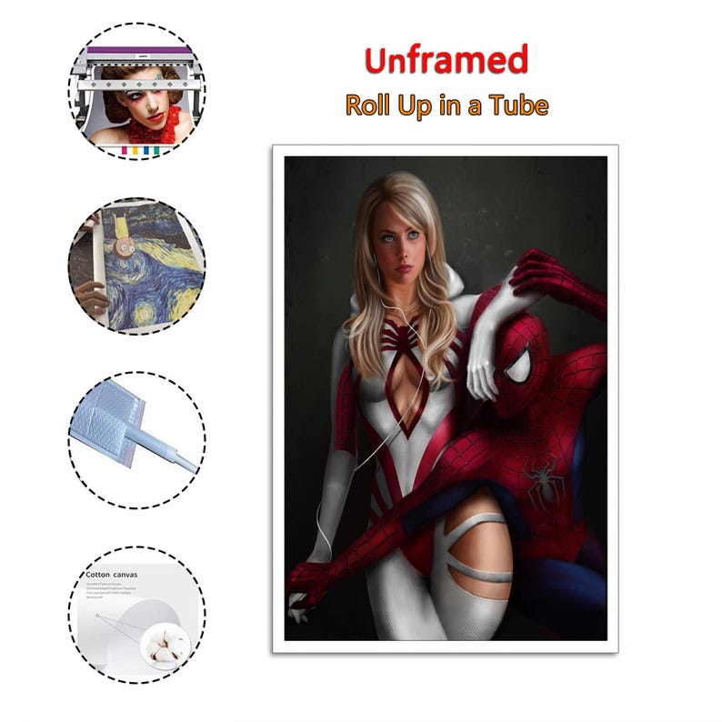 May include: A rectangular wall art print featuring a blonde woman in a white and red suit standing beside a red and blue costumed character. The text Unframed Roll Up in a Tube appears above. Circular insets show a person, a painting, and cotton canvas.