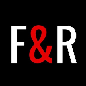 May include: Black background with the white letters "F" and "R" flanking a red ampersand symbol. The letters are bold and sans-serif, creating a striking contrast against the dark backdrop.