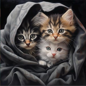 May include: A close-up of three kittens peeking out from a grey blanket. One kitten is white, another is brown and tan, and the third is black and grey. The kittens have large eyes and are looking directly at the camera.