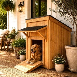 May include: A golden-colored dog resting inside a wooden dog house with a slanted black roof and a small attached wooden ramp. The structure features vertical wood paneling and a small overhanging roof section above the rectangular entrance.