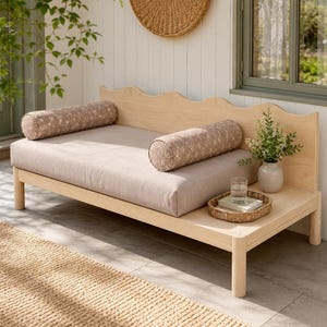 Patio Wood Sofa Bench with Built-In Side Table, Scalloped Daybed Plan, PDF Woodworking Build