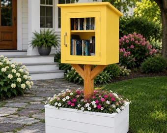 Può includere: Una cassetta per lo scambio di libri in legno giallo brillante con una porta a vetri e una maniglia argentata, montata su un palo centrale in legno che si eleva da una fioriera rettangolare bianca piena di fiori rosa e bianchi su un sentiero.