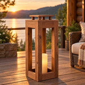 Peut inclure: Une lanterne rectangulaire haute en bois avec une finition marron naturel et un dessus plat, présentant un design à cadre ouvert. À l'intérieur de la base de la lanterne se trouve une bougie pilier blanche, lisse et cylindrique.