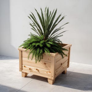 May include: A square wooden planter box with a natural finish, filled with green plants. The planter has a slatted design and sits on four short legs. The plants include long, spiky leaves and feathery, fern-like foliage.