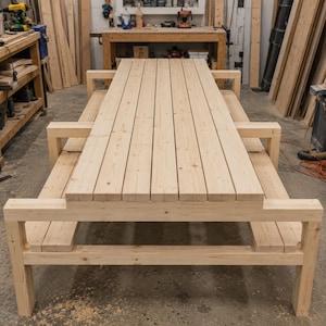 Pu&ograve; includere: Un grande tavolo da picnic in legno non rifinito con panche attaccate. Il tavolo &egrave; costruito con assi di legno di colore chiaro, con un piano rettangolare e panche su entrambi i lati. Il design &egrave; semplice e robusto.