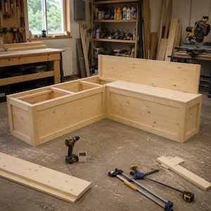 May include: An unfinished wooden corner bench with a backrest, suitable for a workshop or home project. A cordless drill, screws, and clamps are on the floor. The bench is made of light-coloured wood, showing the natural grain.