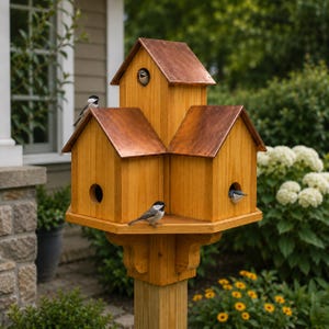 Könnte beinhalten: Ein mehrstöckiges Vogelhaus aus Holz mit drei verbundenen Gebäuden, natürlicher Holzmaserung und Dächern aus poliertem Kupfer. Drei kleine Vögel sitzen außen, einer davon ist in der oberen runden Eingangsöffnung zu sehen.