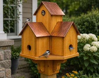 Può includere: Una casetta per uccelli in legno a più livelli composta da tre strutture collegate con venature del legno naturali e tetti in rame lucido. Tre piccoli uccelli sono appollaiati all'esterno, uno visibile nel foro d'ingresso circolare.