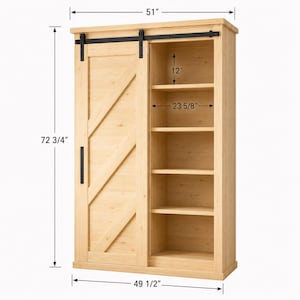 May include: A light wood cabinet with a black sliding barn door, featuring a diagonal brace and handle. Dimensions are 184.8 cm high, 129.5 cm wide, and 125.7 cm wide at the base. Interior shelves are 30.5 cm high and 60 cm wide.