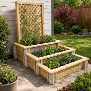 Puede incluir: Una jardinera de madera de tres niveles con un enrejado alto unido a la sección trasera. La estructura está construida con tablones de madera clara y soportes de esquina de hormigón gris, conteniendo varias plantas verdes y flores pequeñas.