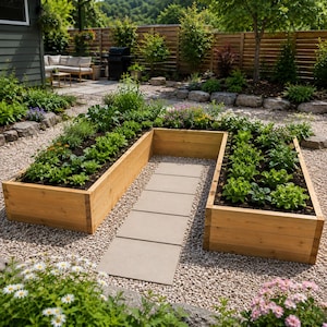 A U-shaped wooden raised garden bed built from cedar planks, filled with vegetables including peppers and leafy greens, surrounded by red mulch and stepping stone path, photographed in a backyard at golden hour sunset with string lights on a dark fence.