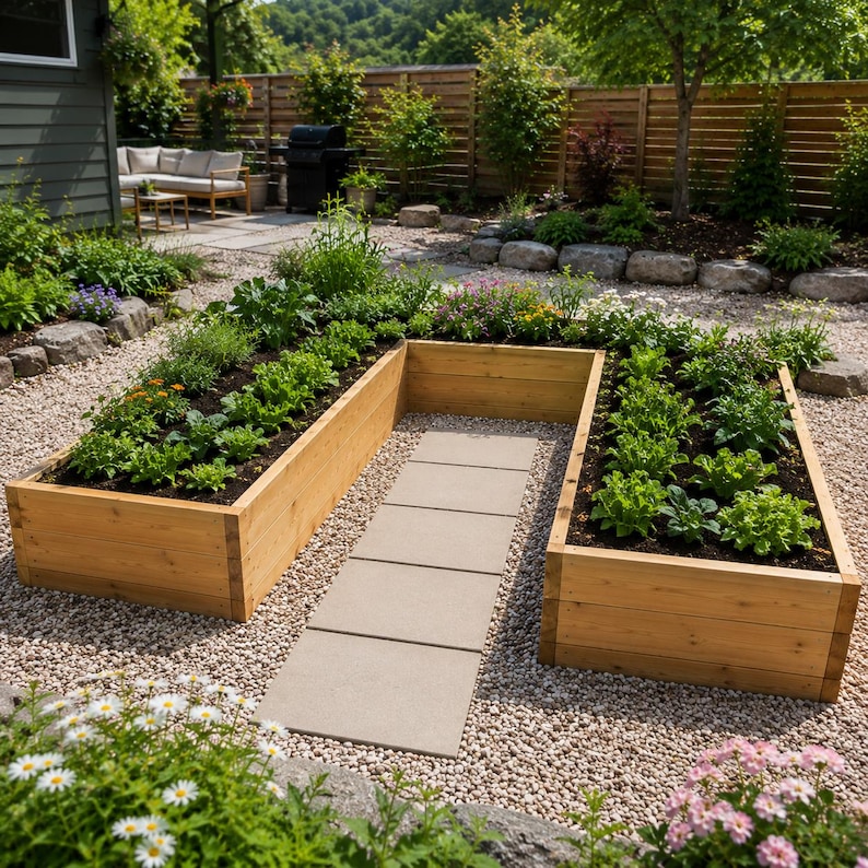 A U-shaped wooden raised garden bed built from cedar planks, filled with vegetables including peppers and leafy greens, surrounded by red mulch and stepping stone path, photographed in a backyard at golden hour sunset with string lights on a dark fence.