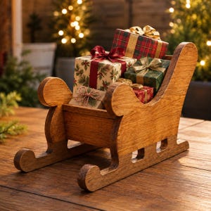 Puede incluir: Un trineo de madera lleno de cuatro cajas de regalo envueltas. Los regalos presentan patrones de cuadros rojos y verdes, crema con motivos de acebo, verde oscuro sólido y papel rojo, todos atados con cintas doradas o rojas.