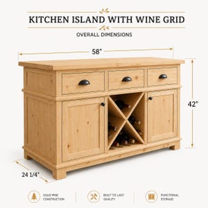 Puede incluir: Una isla de cocina de madera marrón claro con tres cajones superiores, dos armarios laterales y un botellero central en forma de X. La unidad tiene herrajes negros y mide 147,32 cm de ancho, 106,68 cm de alto y 61,6 cm de profundidad.