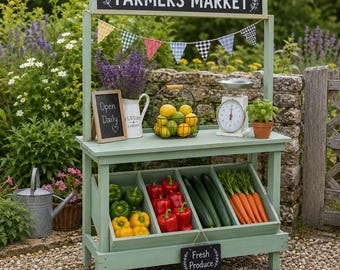 Può includere: Un rustico banco del mercato degli agricoltori verde menta con un cartello lavagna che recita "FARMERS MARKET". Il banco espone prodotti freschi, tra cui peperoni, cetrioli e carote. Sono visibili anche una bilancia, un cesto di limoni e una piccola lavagna.