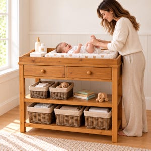 May include: A wooden changing table with two drawers and two open shelves holding six woven baskets with fabric liners. The table features a changing pad with a bear print, baby care bottles, a stack of books, and a wooden elephant toy.