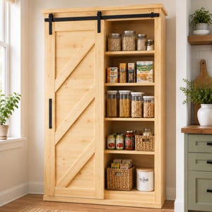 May include: A light-coloured wooden pantry cabinet featuring a sliding barn door with black metal hardware. The open shelving section contains various glass jars, food boxes, a woven basket, and a white canister labelled Flour for storage.