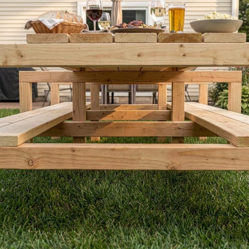 Pu&ograve; includere: Un grande tavolo da picnic in legno non rifinito con panche attaccate su un prato verde. Il tavolo &egrave; apparecchiato con cibo e bevande, tra cui vino, birra e snack. Il tavolo &egrave; realizzato in legno spesso e robusto.