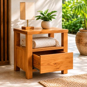 May include: A light brown wooden bedside table with a square top, a lower shelf, and one open drawer. The table features a rectangular lamp with a beige shade and a green potted plant on top, with a folded white textured blanket on the shelf.