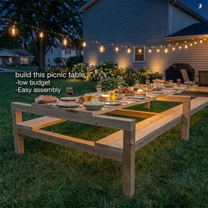 Pu&ograve; includere: Un grande tavolo da picnic in legno con panche attaccate, allestito all'aperto al crepuscolo. Il tavolo &egrave; carico di cibo e bevande, illuminato da luci a corda. Il testo sull'immagine recita: costruisci questo tavolo da picnic -basso budget -Facile assemblaggio.