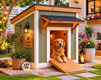 Könnte beinhalten: Eine grün-weiße Hundehütte aus Holz mit schrägem Dach, einer Holzrampe und einem Schild mit der Aufschrift Buddy's House. Ein Golden Retriever sitzt im Eingangsbereich. Die Struktur verfügt über eine schwarze Laterne und eine Pfotenabdruck-Deko.