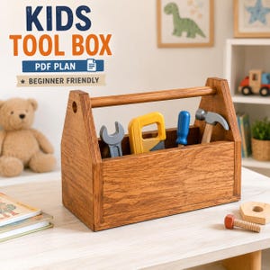 May include: A wooden tool box containing a grey wrench, a yellow saw, a blue screwdriver, and a hammer. The text KIDS TOOL BOX PDF PLAN BEGINNER FRIENDLY is visible above the box. The box has a handle and a natural wood grain finish.