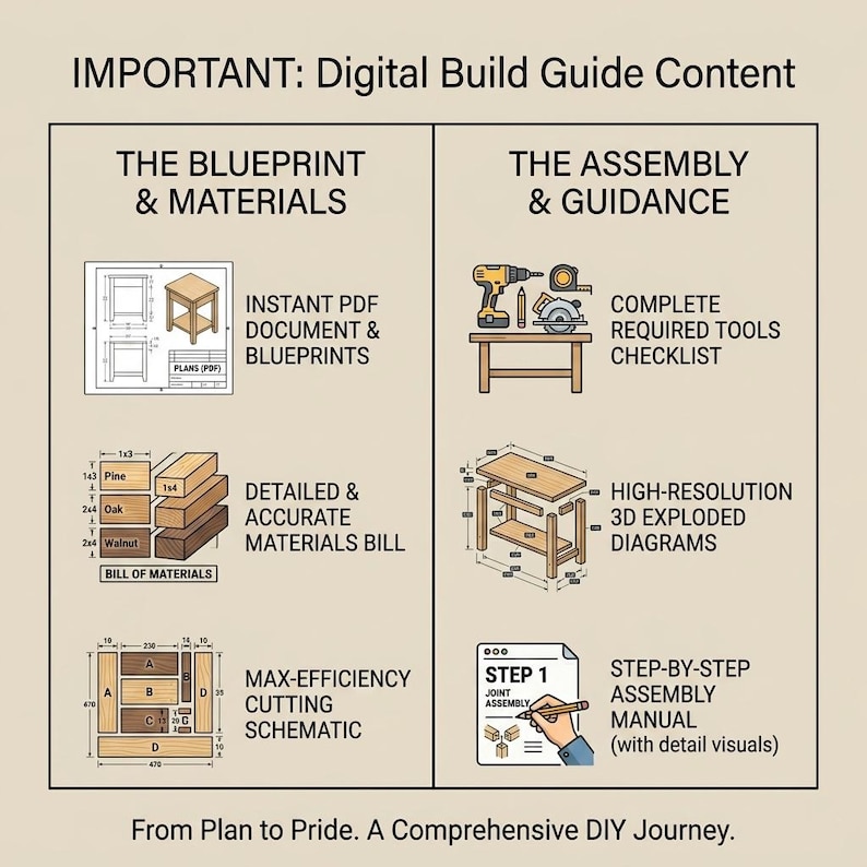 May include: A digital build guide infographic titled IMPORTANT: Digital Build Guide Content. It features two columns: THE BLUEPRINT & MATERIALS with PDF icons, wood samples, and cutting schematics, and THE ASSEMBLY & GUIDANCE with tool icons, 3D diagrams, and assembly steps.