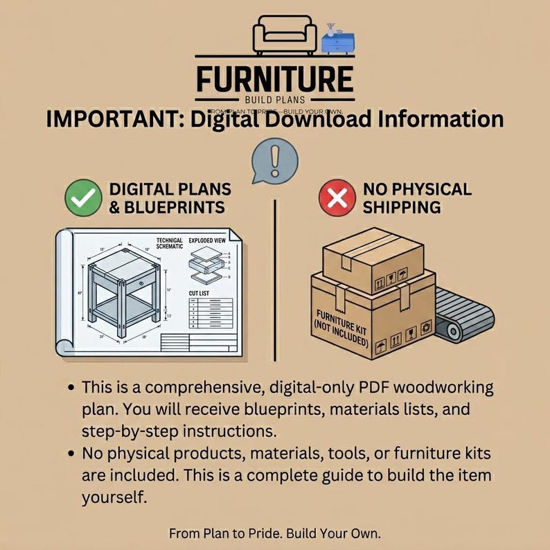 Pu&ograve; includere: Piani di mobili digitali con progetti e istruzioni. L'immagine mostra uno schema tecnico di un tavolino, con il testo "Piani digitali e progetti" e "Nessuna spedizione fisica". I piani sono un download digitale.