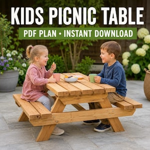May include: A wooden kids picnic table with an attached bench on each side. The table features a slatted top and a natural wood finish. The text KIDS PICNIC TABLE PDF PLAN INSTANT DOWNLOAD is displayed in white and green at the top of the image.