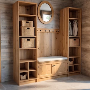 May include: A wooden entryway storage unit with shelves, baskets, and a bench. The unit has a light wood finish and includes a round mirror and coat hooks. Woven baskets of various sizes are placed on the shelves.