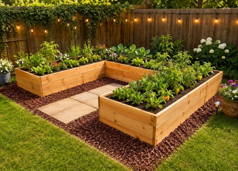 A U-shaped wooden raised garden bed built from cedar planks, filled with vegetables including peppers and leafy greens, surrounded by red mulch and stepping stone path, photographed in a backyard at golden hour sunset with string lights on a dark fence.