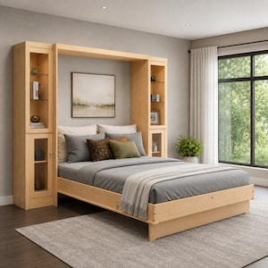May include: A light-colored wooden wall bed unit featuring two tall side towers with glass shelves and lower cabinets with reeded glass doors. The bed is dressed in gray bedding with a gray throw blanket and several decorative pillows.
