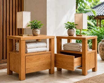 May include: Two square wooden nightstands with a natural light brown finish. Each features a single drawer, an open storage shelf holding folded white linens, and a rectangular table lamp with a beige shade and a small green potted plant.