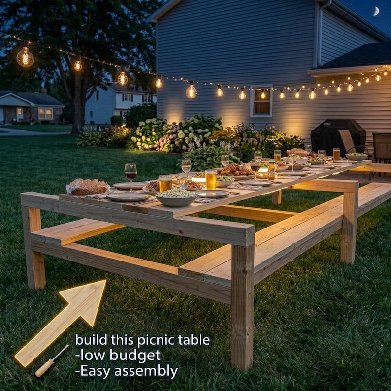 12ft Picnic Table and Bench Plans, Extra Large Outdoor Dining Furniture (PDF Download)