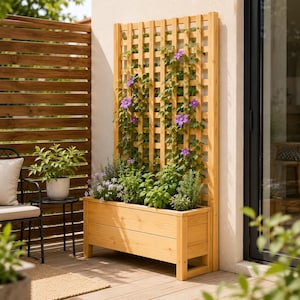 May include: A rectangular light brown wooden planter box with an integrated vertical lattice trellis. The planter contains various green plants and climbing vines with purple flowers. The structure is made of natural wood slats and stands on four legs.