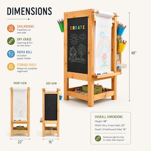 May include: A wooden art easel featuring a chalkboard on one side and a dry-erase board on the other, with an integrated paper roll holder and storage shelf. The unit stands 48 inches high, 22 inches wide, and 16 inches deep, including colorful supply cups.