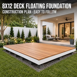 May include: An 8x12 deck floating foundation construction plan document. The image displays a rectangular wooden deck with brown planks and a white frame, supported by grey blocks on a gravel base in a backyard setting with a house patio.