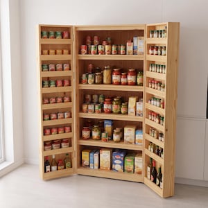 Puede incluir: Una alacena alta de madera de color claro con dos puertas abatibles que se abren para mostrar múltiples estantes. El interior y los estantes de las puertas están llenos de diversas conservas, frascos de vidrio y cajas de alimentos.
