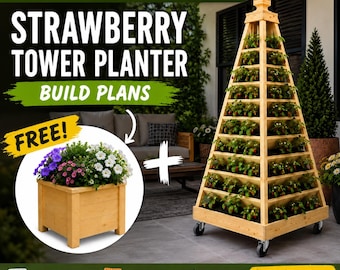 May include: A wooden strawberry tower planter with multiple levels, filled with strawberry plants. The image also shows a wooden planter box with flowers. Text on the image reads "BUY 1 GET 1 FREE!" and "STRAWBERRY TOWER PLANTER BUILD PLANS".