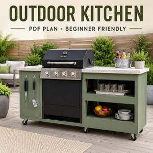 May include: An outdoor kitchen unit with a sage green wooden base on casters, featuring a stainless steel grill, a light-colored countertop, and open shelving. The text "OUTDOOR KITCHEN" and "PDF PLAN • BEGINNER FRIENDLY" is displayed above the unit.