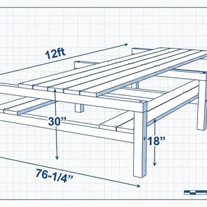 Pu&ograve; includere: Illustrazione in stile blueprint di un tavolo da picnic in legno. Il tavolo &egrave; lungo 3,66 metri, alto 76,2 cm e largo 193,7 cm, con panche attaccate. Il disegno &egrave; realizzato con linee bianche su sfondo a griglia blu.