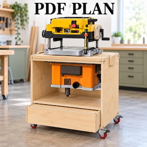 May include: A light-coloured wooden mobile workshop cart with a drawer and castors, featuring a yellow and black thickness planer on top and an orange power tool mounted inside. The text PDF PLAN is displayed at the top of the image.