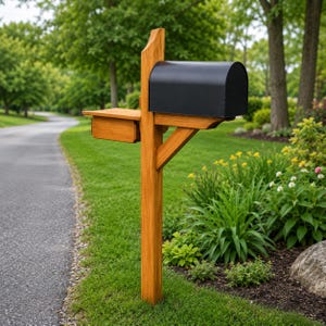 Peut inclure: Une boîte aux lettres en bois avec un compartiment en métal noir, montée sur un poteau en bois. Elle est dotée d'une petite étagère en bois et est installée dans un jardin herbeux avec une allée pavée en arrière-plan.