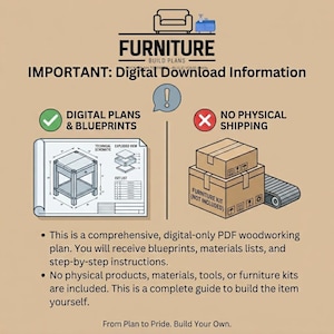 May include: An infographic titled FURNITURE BUILD PLANS with the text IMPORTANT: Digital Download Information. It shows a technical blueprint of a side table next to a green checkmark and two cardboard boxes next to a red X with the text NO PHYSICAL SHIPPING.