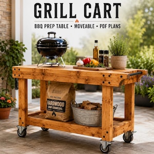 Grill Cart Woodworking Plans, BBQ Prep Table PDF, Rolling Outdoor Kitchen Island, Mobile Barbecue Station DIY Build